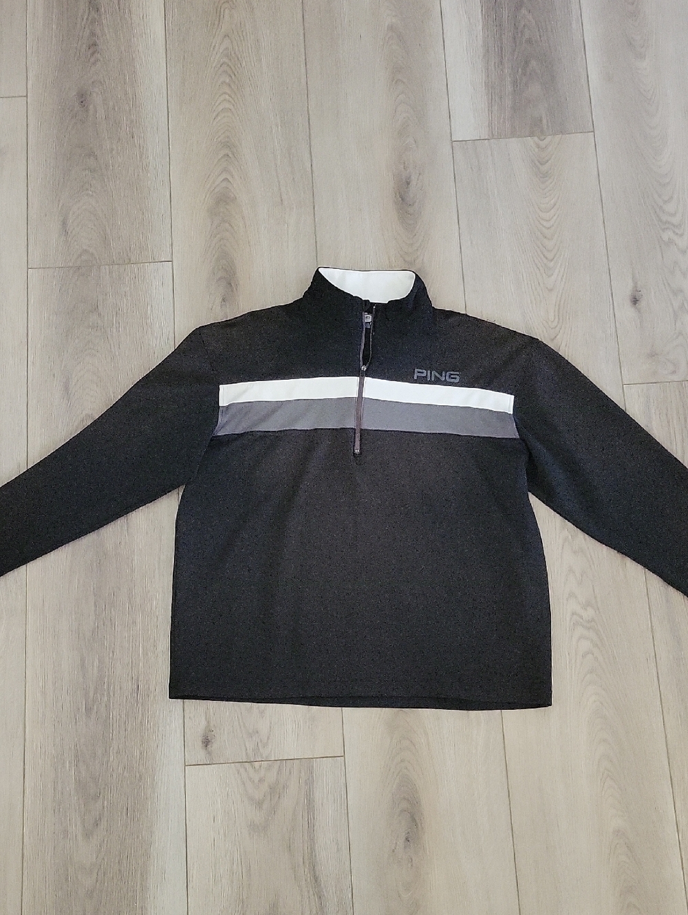 Ping Men’s Black Zip-Up Sweater with White & Gray Chest Stripes